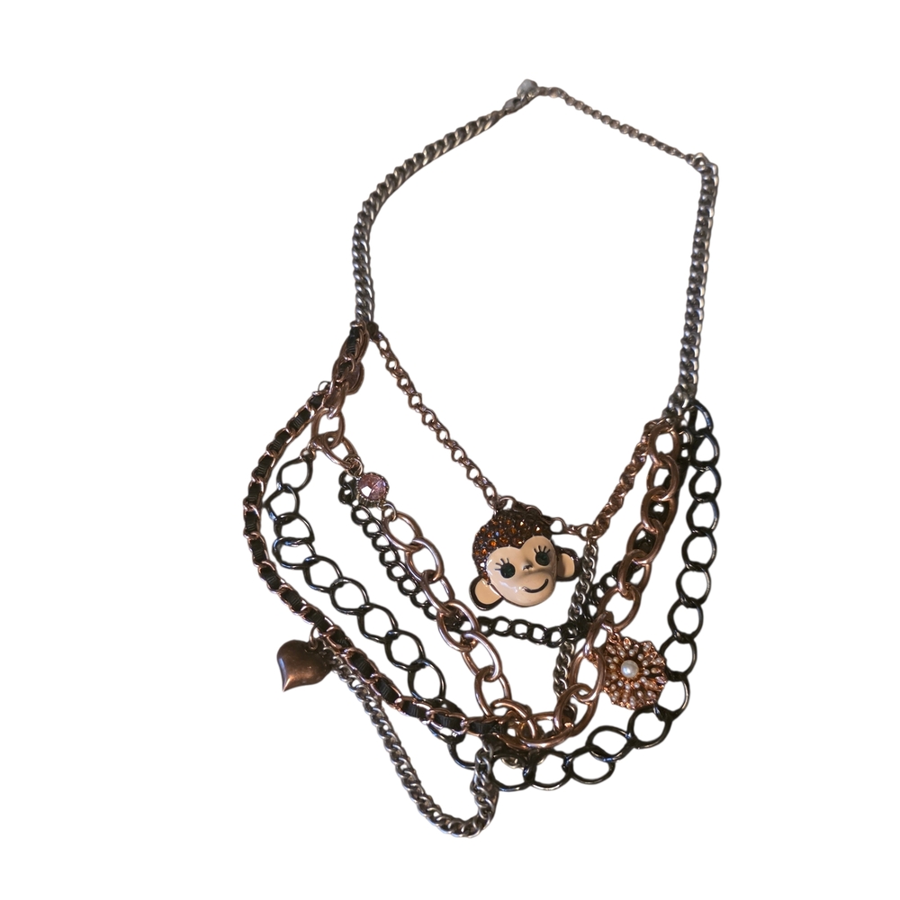 Betsey Johnson Mixed Metal Monkey Charm Multi-Strand Statement Necklace